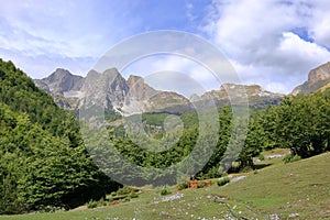 Panoramic view of raw mountain landscapes from the Albanian Alps between Theth and Valbona, Albania