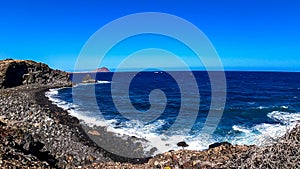 Panoramic view on the Red Mountain La Montana Roja from Santa Barbara Gold club near Golf del Sur, Tenerife, Canary Islands