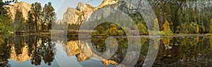 Panoramic view of the reflection of the landscape in the water of the Merced River in Yosemite National Park