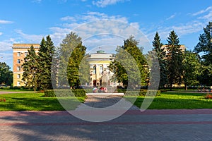 Panoramic view of the regional government in Veliky Novgorod and the war monument of Leonid Golikov