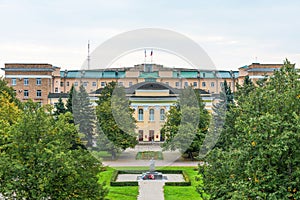 Panoramic view of the regional government in Veliky Novgorod and the war monument of Leonid Golikov