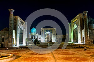 Panoramic view of Registan square at night - Samarkand, Uzbekistan
