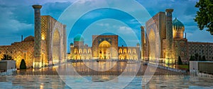 Panoramic view of Registan square, Samarkand, Uzbekistan with three madrasahs: Ulugh Beg, Tilya Kori and Sher-Dor Madrasah