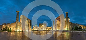 Panoramic view of Registan square, Samarkand, Uzbekistan with three madrasahs: Ulugh Beg, Tilya Kori and Sher-Dor Madrasah