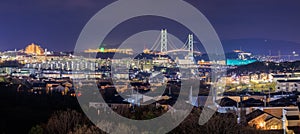 Panoramic View of in Residential Suburb and Suspension Bridge at Night