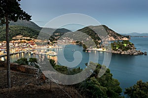 Panoramic view of the resort town of Parga, the harbor, the beach and islets