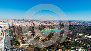 Panoramic view of Retiro park in Madrid, Spain. El Retiro aerial cityscape. One of the parks of the city of Madrid