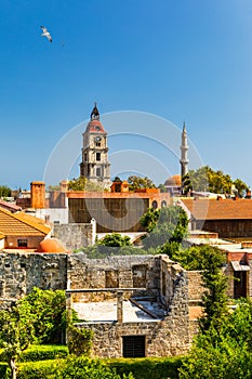 Panoramic view of Rhodes old town on Rhodes island, Greece. Rhodes old fortress cityscape. Travel destinations in Rhodes, Greece