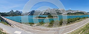 Panoramic view at the RiaÃ±o Reservoir, located on Picos de Europa or Peaks of Europe photo