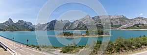 Panoramic view at the Riaño Reservoir, located on Picos de Europa or Peaks of Europe, a mountain range forming part of the