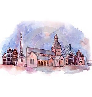 The panoramic view of Riga watercolor