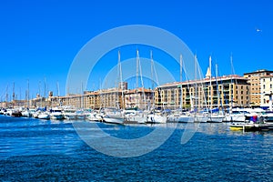 Panoramic view of the right embankment of Old Port of Marseille. Vieux-Port de Marseille, France