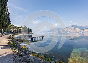 Panoramic view of the Riva del Garda lakefront, waterfront of the Garda lake in Trento, Trentino region, Italy