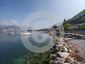 Panoramic view of the Riva del Garda lakefront, waterfront of the Garda lake in Trento, Trentino region, Italy