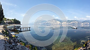 Panoramic view of the Riva del Garda lakefront, waterfront of the Garda lake in Trento, Trentino region, Italy