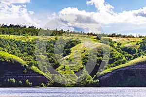 Panoramic view of the river Don and hills, slopes, steppe coast, gully, ravine on a banks