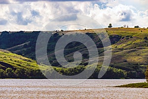 Panoramic view of the river Don and hills, slopes, steppe coast, gully, ravine on a banks
