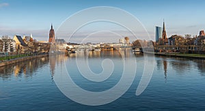 Panoramic view of River Main Skyline with Dreikonigskirche Church and Frankfurt Cathedral - Frankfurt, Germany