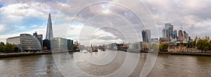Panoramic View of River Thames and City Skyline during morning sunrise. City of London