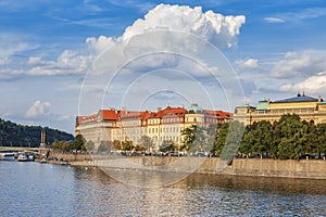 Panoramic view of the river Vltava, embankment, bridges in the city of Prague. Czech Republic