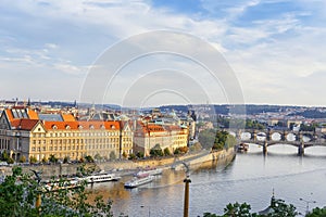 Panoramic view of the river Vltava, embankment, bridges in the city of Prague. Czech Republic