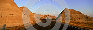 Panoramic view of road going through Badlands National Park in South Dakota