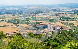 Panoramic view from the Rocca Maggiore, with the Saint Francis Basilica. Assisi, Umbria, Italy.