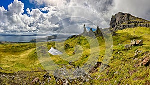 Panoramic view of the rock formation The Old Man of Storr (Isle of Skye, Scotland)
