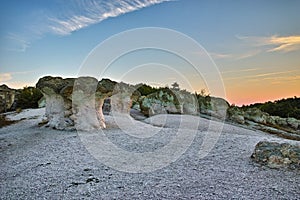 Panoramic view of a rock formation The Stone Mushrooms near Beli plast village, Bulgaria