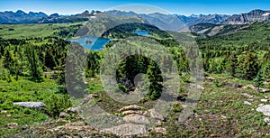 Panoramic view of Rock Isle Lake, Grizzly Lake and Laryx Lake in Sunshine Meadows