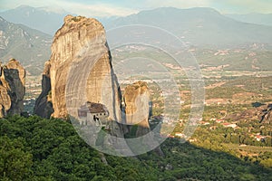 Panoramic view of rocks and monastery at Meteora in sunrise, Trikala region, Greece