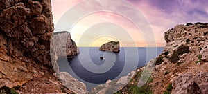 Panoramic View of Rocky Coast with Cliffs on the Mediterranean Sea. Sardinia, Italy. Background.