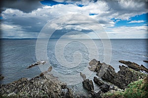 Panoramic view of rocky coastline and dramatic sky