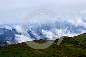 Panoramic view of the rocky mountains of the Carpathians, Ukraine. Beautiful view of the Montenegrin ridge.