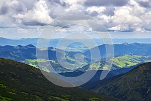 Panoramic view of the rocky mountains of the Carpathians, Ukraine. Beautiful view of the Montenegrin ridge.