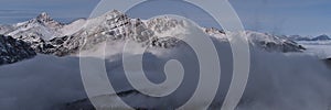 Panoramic view of the Rocky Mountains with Chak Peak, Franchere Peak and Aquila Mountain in Jasper National Park, Canada.