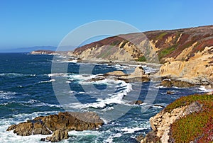 Panoramic view of the rocky and rugged Pacific coastal line.