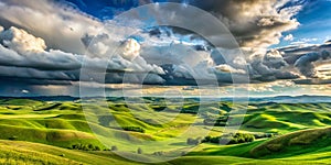 A panoramic view of rolling green hills under a dramatic cloudy sky Creative AI