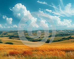 A panoramic view of rolling hills under a dynamic sky