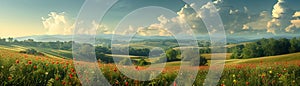 A panoramic view of rolling hills under a dynamic sky