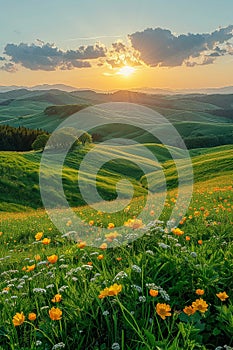 A panoramic view of rolling hills under a dynamic sky