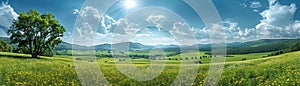 A panoramic view of rolling hills under a dynamic sky