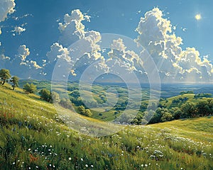 A panoramic view of rolling hills under a dynamic sky