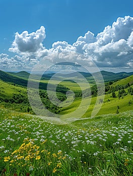 A panoramic view of rolling hills under a dynamic sky