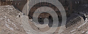 Panoramic view of the Roman amphitheater of Aspendos, ancient city near Antalya, Southern Turkey.