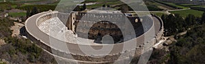 Panoramic view of the Roman amphitheater of Aspendos, ancient city near Antalya, Southern Turkey.