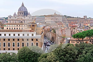 Panoramic view of Rome from above, Italy. Cityscape of Rome with St Peter`s Basilica in Vatican City