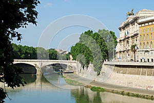 A panoramic view of Rome with the Tiber river and its bridges