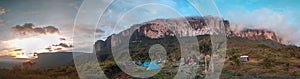 Panoramic view of the Roraima tepuy, seen from the base camp in a sunset photo