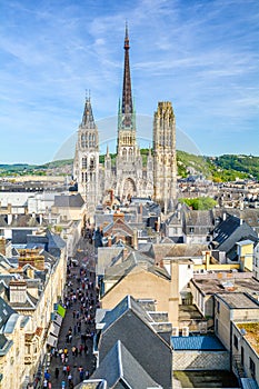 Panoramic view of Rouen, with the gothic Cathedral of Notre-Dame, on a sunny afternoon. Normandy, France.